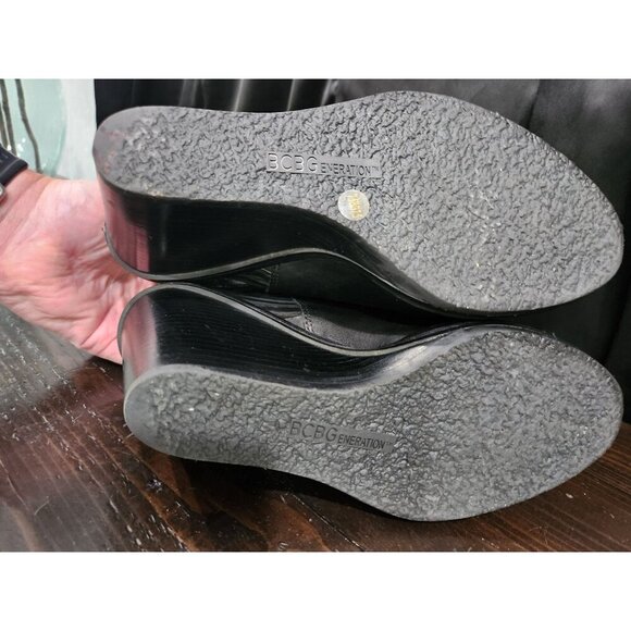 BCBGMaxazria Malbon Black Leather Curt-out Wedge Booties/Sz. 7.5M - Picture 7 of 10